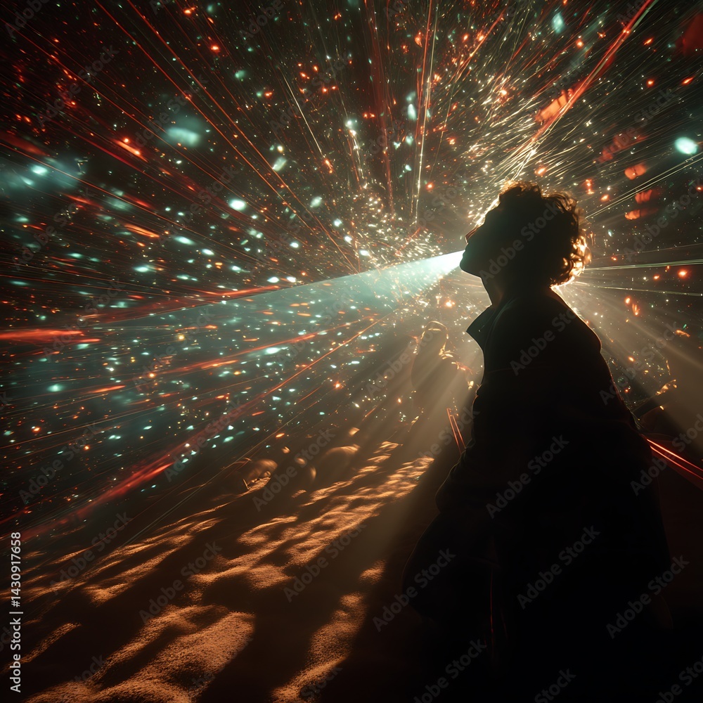 Poster silhouette of a person in abstract light display with dynamic energy and reflection