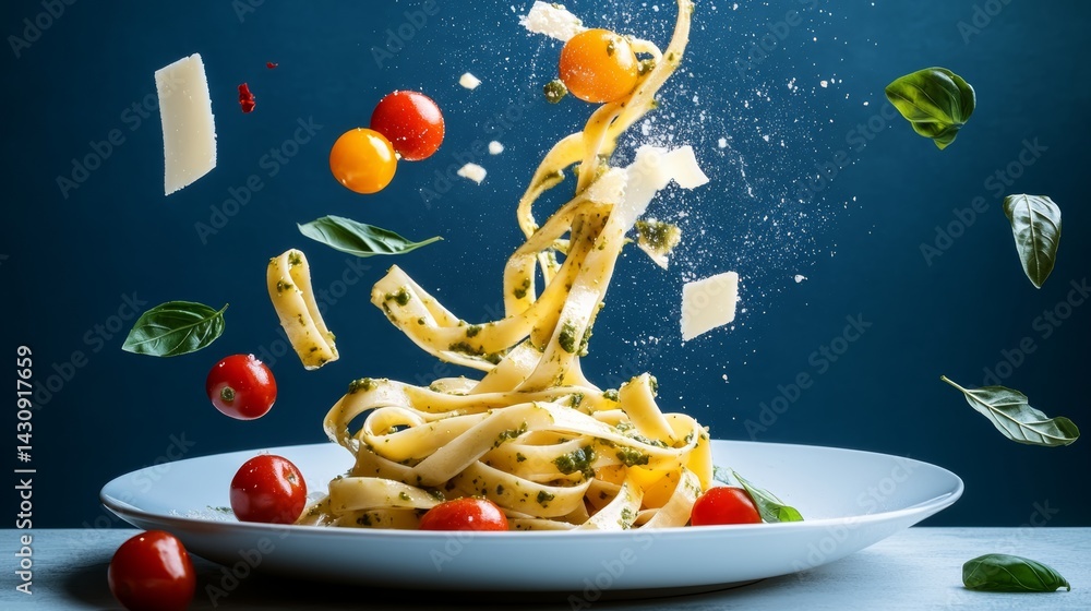 Poster plate of spaghetti with tomatoes and basil on top. the plate is on a table and the spaghetti is fall