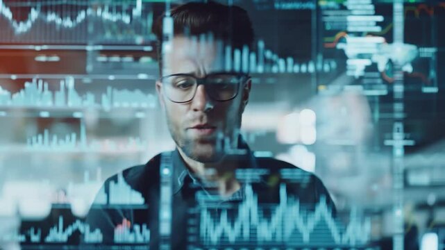 Businessman analyzing data graphs statistics, strategic decisions based on performance metrics market trends