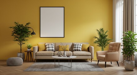 Modern Living Room Interior Design with Mustard Yellow Walls, Beige Sofa, and Greenery