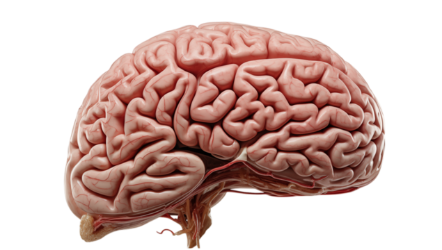 Anatomical rendering of a human brain showcasing its intricate structure and convolutions png