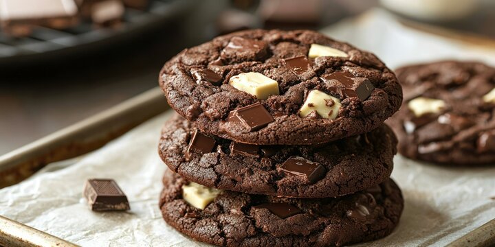 A stack of triple chocolate cookies with chunks of dark, milk, and white chocolate, placed on a parchment-lined tray
