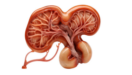 Illustration showing a cross section of an organ with veins and a bulbous structure at the bottom png