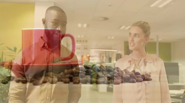 colleagues discussing business growth in office scene, showing animated coffee bean icons and chart