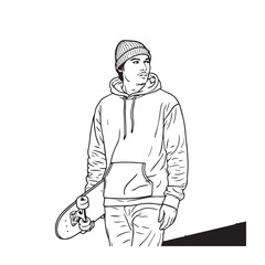 Man Standing with Skateboard Silhouette - Minimalist Sketch Art - man skateboard silhouette - man skateboard vector - man skateboard doodle - skateboard illustration - man skateboard line art

