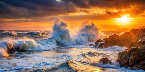 Fototapeta premium Powerful waves crashing against the rugged shoreline at sunset, sea, beach, sea, beach, sunsets