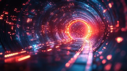 Obraz premium Futuristic Neon Tunnel Digital Data Stream Abstract Cyberspace Glowing Lights Red and Blue Pathways