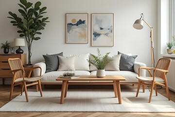 Living Room Interior with White Sofa, Wooden Accents, and Neutral Color Palette