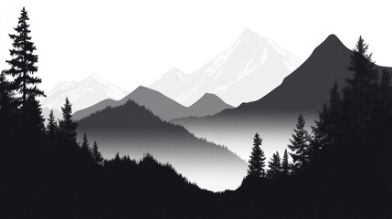 Obraz premium Monochromatic mountain landscape with misty valley and evergreen forests