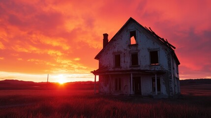 Abandoned House at Sunset with Dramatic Sky and Warm Colors in Rural Landscape