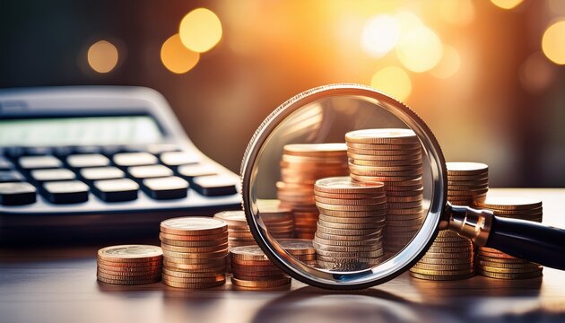 Magnifying glass focuses on stacked coins with calculator nearby in a financial setting