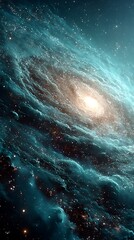 Fototapeta premium Spiral Galaxy Illustration with Glowing Stars and Blue Nebulae in Deep Space
