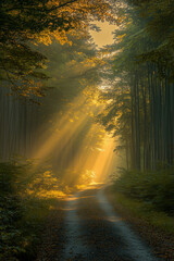 Obraz premium Sunlight Rays Filter Through Dense Bamboo Forest Path Illuminating Tranquil Nature Scene Autumn Journey