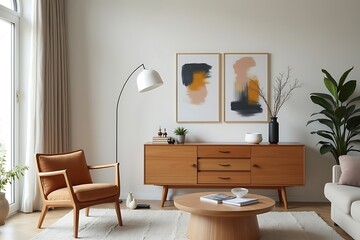 Modern Living Room Interior with Wooden Furniture, Artwork, and Natural Light from the Window 
