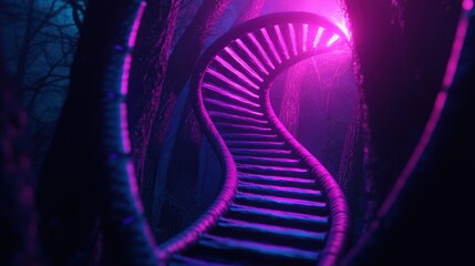 Enigmatic Spiral Staircase in a Mysterious Forest with Surreal Purple Lighting