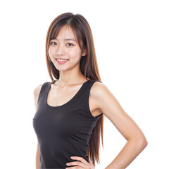 Fototapeta premium A young Asian woman in a black tank top poses confidently with a smile, showcasing long hair against a solid transparent background, embodying positivity and charisma.