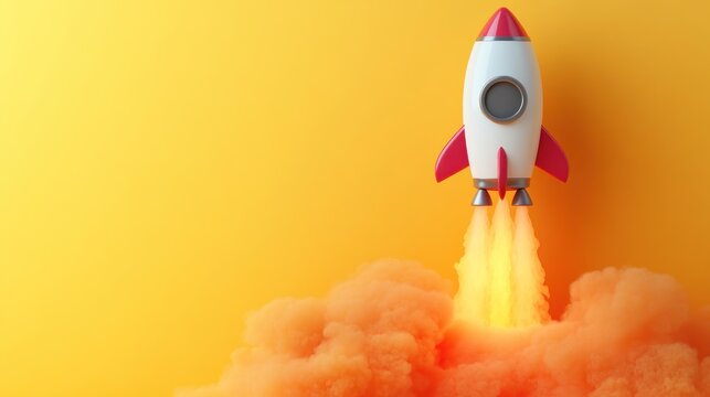 Rocket launching into a bright yellow sky, with orange smoke trails