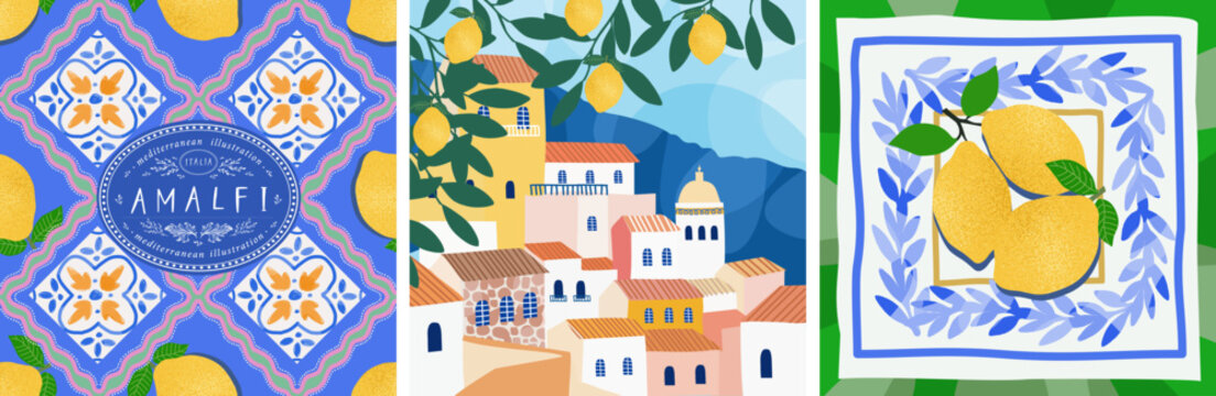Fototapeta Italian tile. Amalfi. Vector aesthetic illustration of Italian town Positano, lemons, seamless pattern blue ceramics, ornament, Mediterranean mosaic for background, card, postcard, poster, invitation 