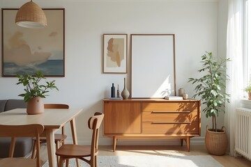 Interior of a Bright Living Room with a Wooden Credenza, Dining Table, Artwork and Plants