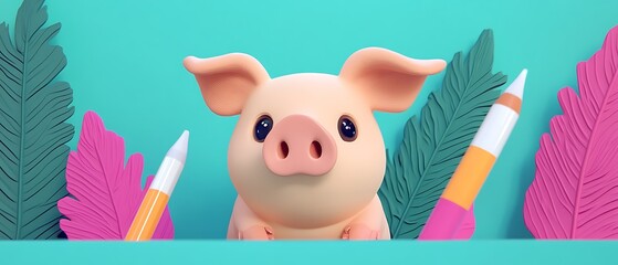 Delightful Pink Pig  Gazing in Tropical Setting of excellence in splendor beyond compare with grace