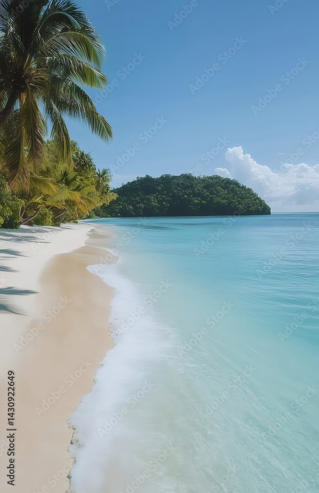 Aufkleber 紺碧の海と白い砂浜にヤシの木が揺れる熱帯の風景 青い空と楽園の島の景色