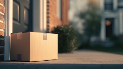 Brown cardboard delivery box on porch step of modern suburban home during golden hour light