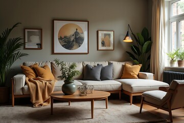 Cozy Living Room with Sofa, Artwork, and Natural Light Featuring Earth Tone Decor and Indoor Plants