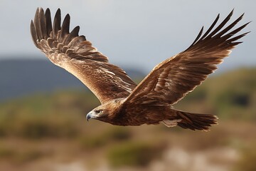 Obraz premium A majestic brown eagle captured in full flight, soaring gracefully above the landscape with outstretched wings.