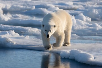 A lone polar bear carefully walking across the ice and water in the Arctic, symbolizing the struggle for survival in nature.