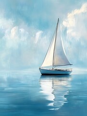 Fototapeta premium A serene sailboat gliding across calm, reflective waters under a clear blue sky, surrounded by fluffy clouds, evoking a sense of tranquility and adventure on a peaceful day