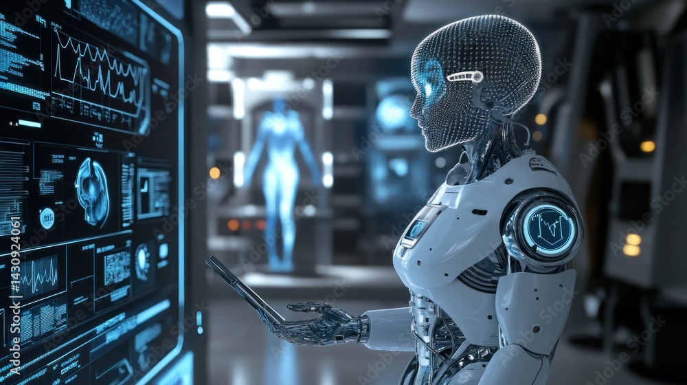 Poster futuristic humanoid robot interacting with digital display in lab