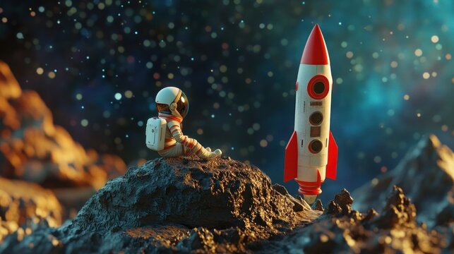 Astronaut watches rocket launch from asteroid field