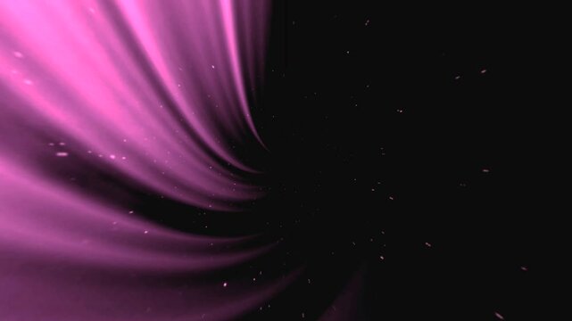 Bright pink rays from the upper left side to the center on a black background with space for your own content, slowly arriving dust particles. Abstraction.