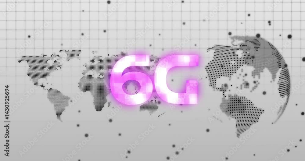 Poster 6g glowing text floating over gray grid and halftone world maps, showing neon digital connectivity