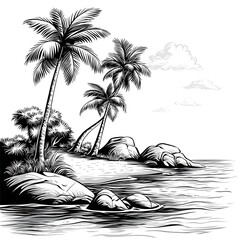 Tropical island with palm trees pen art silhouette high resolution picture