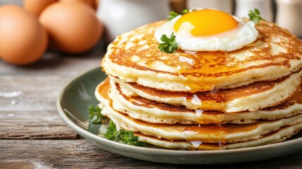 Freshly Prepared Pancakes with Sunny Side Up Egg and Drizzle of Syrup on Wooden Table Background
