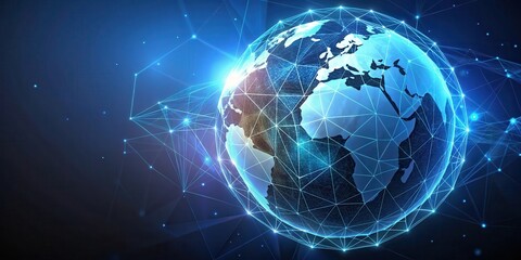 Obraz premium Geometric representation of Earth with intricate polygonal shape on dark blue background, surrounded by a holographic glow