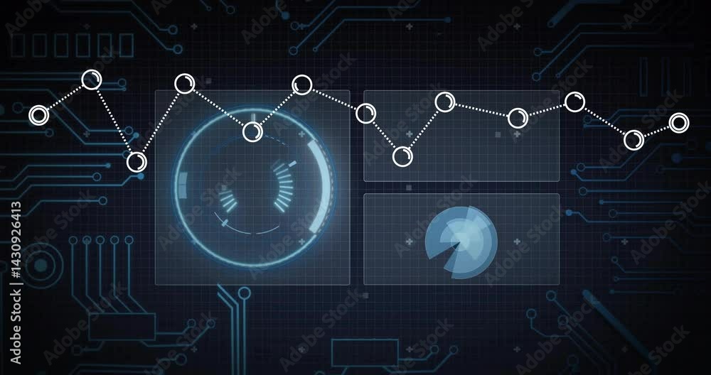 Poster futuristic digital interface animating over circuit grid, showing glowing hud gauge and ui charts