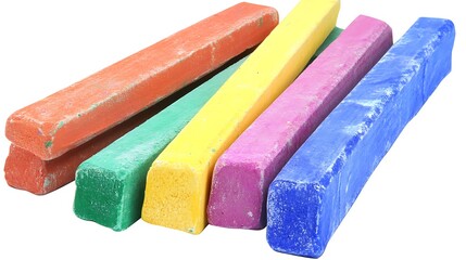 Stack of Six Colorful Rectangular Chalk Pieces on a White Isolated Background