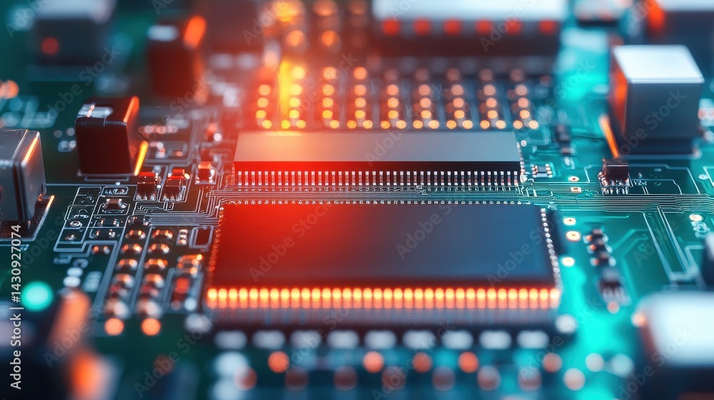 Poster close-up view of electronic circuit board with colorful lights and components in a modern technology