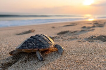Obraz premium Turtle making its way across warm sand toward the ocean during sunset