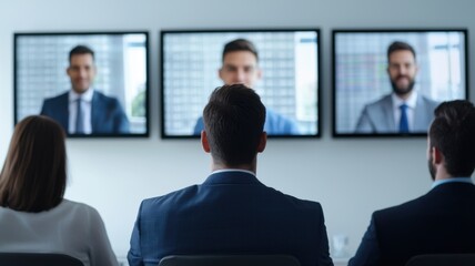 Obraz premium A group of professionals observes multiple screens displaying individuals in business attire, engaged in a virtual meeting or presentation.