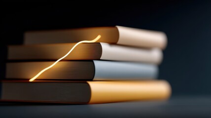 A stack of books with a glowing line, creating a contrasting and artistic effect against a dark background.