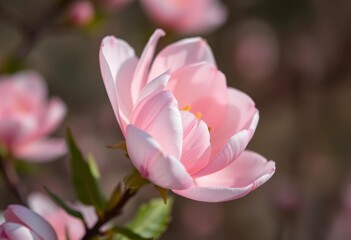 Obraz premium Delicate blush pink petals emerging from a soft white bloom, springtime pastel hues, soft, beauty