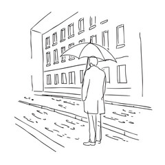 Elegant Man with Umbrella Silhouette - Minimal Line Drawing - man umbrella silhouette - man umbrella vector - man umbrella doodle - umbrella illustration - man umbrella line art

