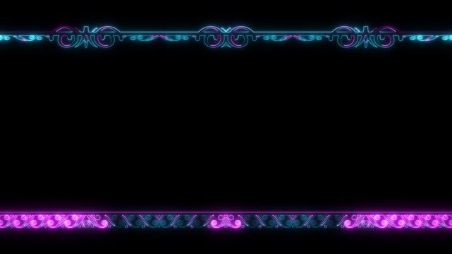 Frame, long rectangular horizontal decorated, pink lines of lightening and darkening light on a black background. Space for your own content.