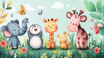 Naklejka premium Adorable Baby Animals in a Whimsical Garden Illustration