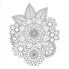 Intricate floral mandala design with various flowers and leaves, black and white.