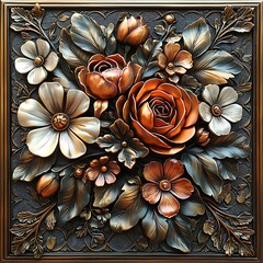 Vintage floral bouquet in bronze relief high resolution picture