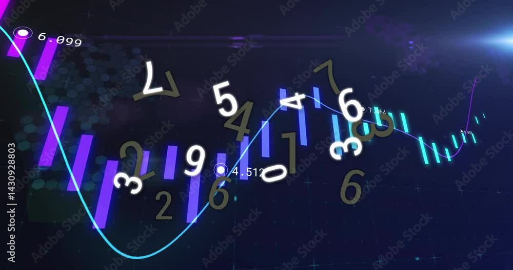 Poster animating futuristic chart showing purple cyan bars and glowing line graph sliding over hex grid